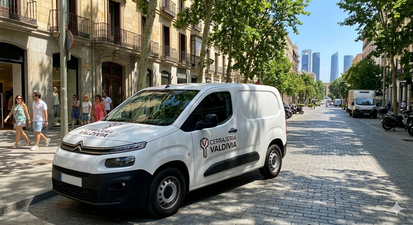 Furgoneta de Cerrajería Valdivia rotulada en una calle de Madrid con las Torres al fondo